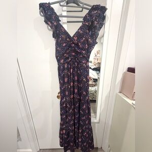 Caroline Constas Navy and Pink Floral Maxi Dress